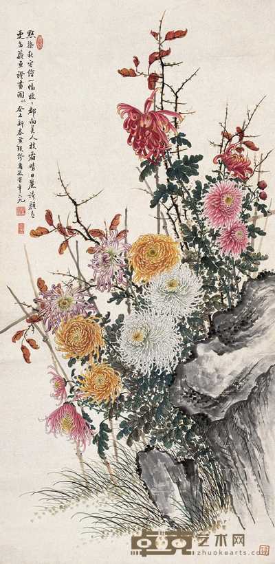 缪谷瑛 1943年作 菊石图 镜心 140.5×69cm